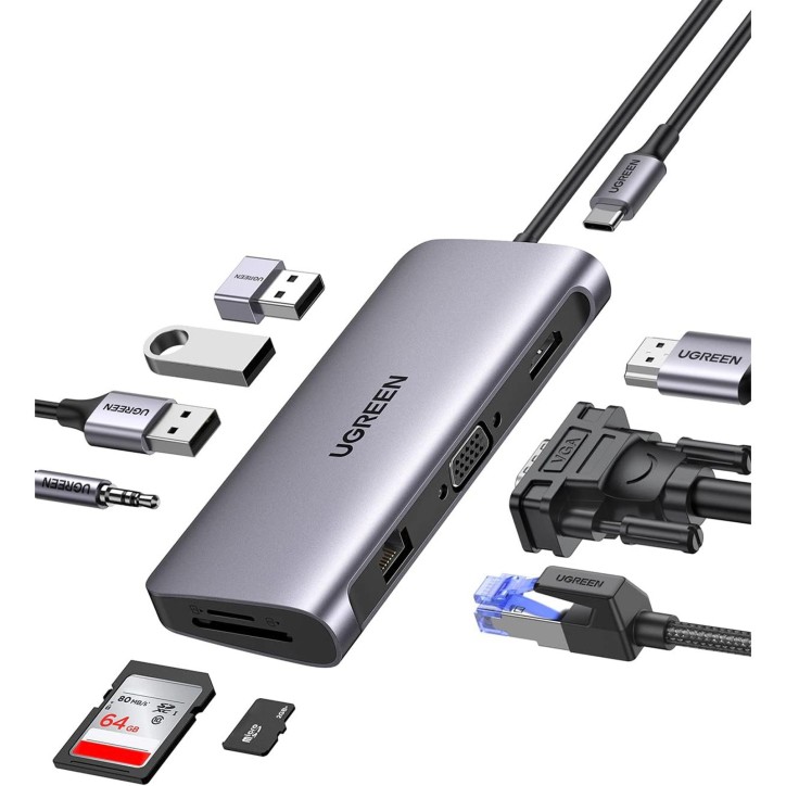 UGREEN HUB USB Type-C, 10 in 1, HDMI, VGA, Ethernet, SD/TF, PD 100W, 3 x USB 32 Gen1, AUX3.5, 80133