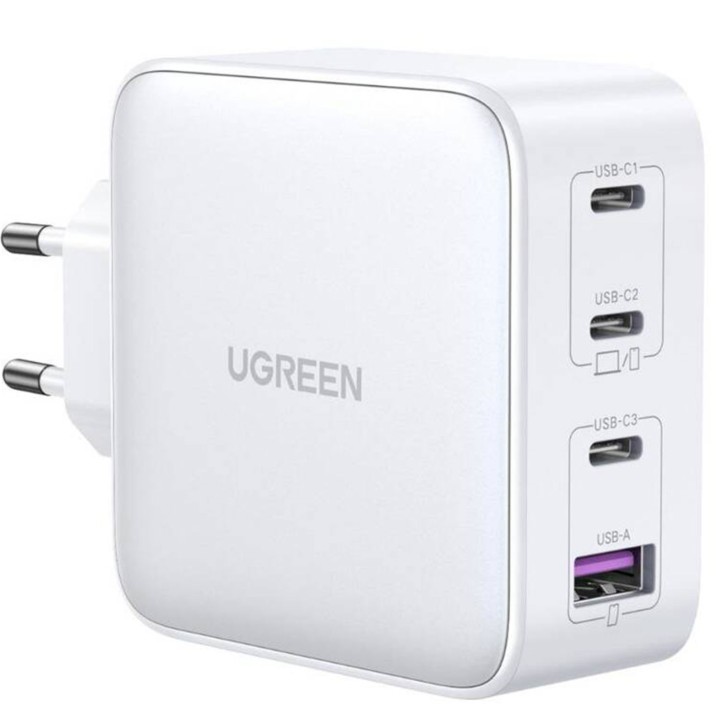 15337 UGREEN Caricatore USB 100W GaN Nexode, 3 x USB Type-C, 1 x USB3, White 15337