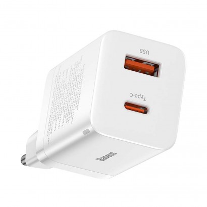 Baseus CCSUPP-E02 Super Si Quick Charger Caricatore Alimentatore da Rete USB + USB-C 30W Bianco