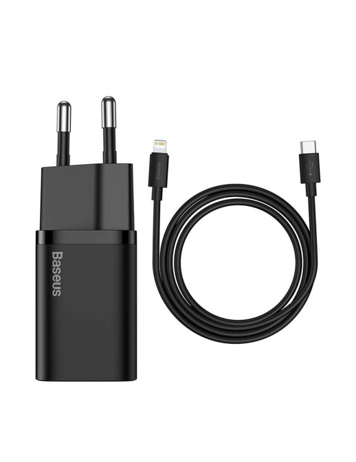 Baseus TZCCSUP-L02 Super Si Quick Charger Caricatore Alimentatore da Rete USB-C 20W + Cavo USB-C a USB-C 1 Metro Nero