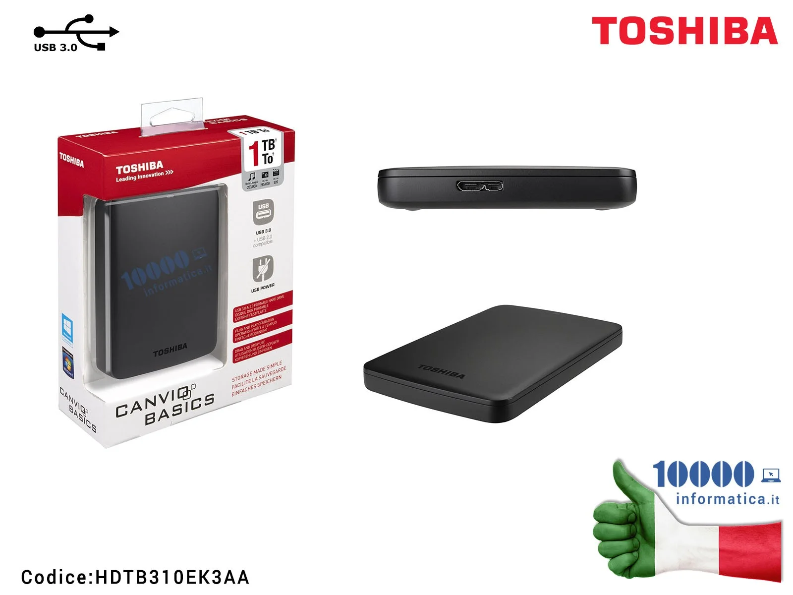 HDTB310EK3AA Hard Disk Esterno TOSHIBA USB 3.0 1TB 2,5 canvio basics