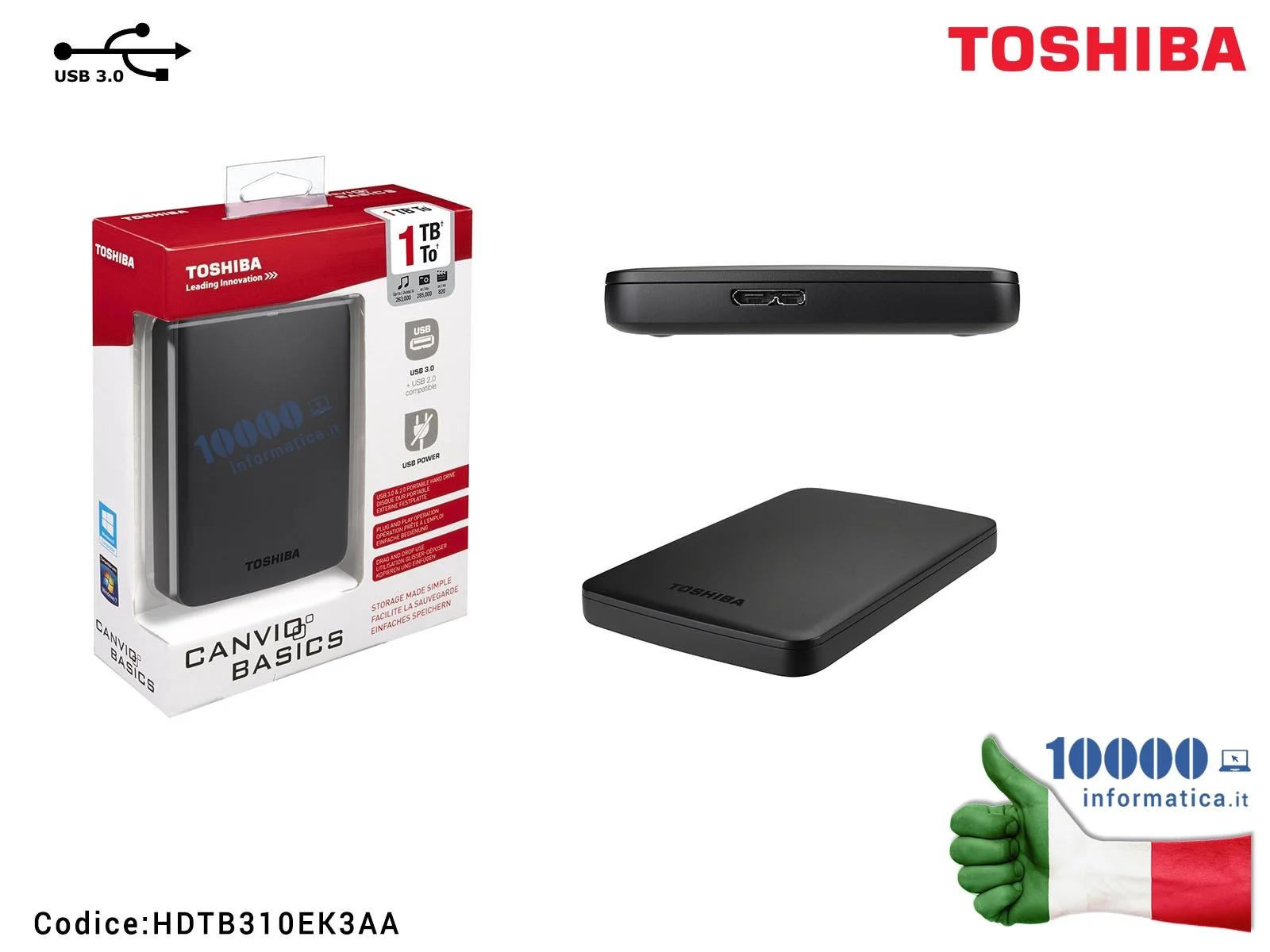 HDTB310EK3AA Hard Disk Esterno TOSHIBA USB 3.0 1TB 2,5 canvio basics HDTB310EK3AA Hard Disk Esterno TOSHIBA USB 3.0 1TB 2,5 canvio basics