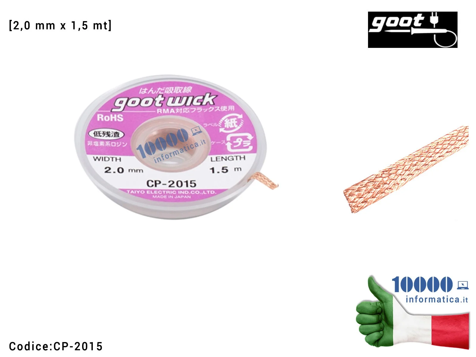 CP-2015 Treccia Dissaldante in Rame GOOT WICK CP-2015 [2,0mm x 1,5m] Trecciola Assorbi Stagno Desoldering Wire